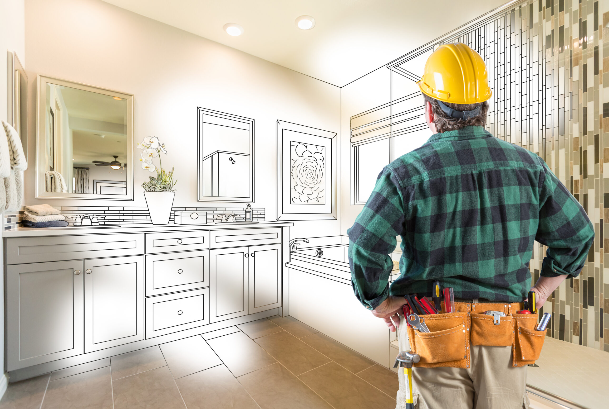 Contractor Facing Custom Master Bathroom Drawing and Photo Gradation. contractor visualizing plans